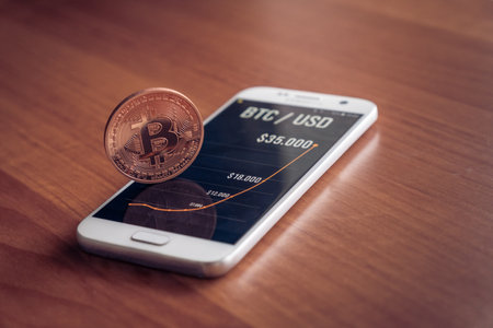 Bitcoin Cryptocurrency Financial Chart On Phoneの写真素材