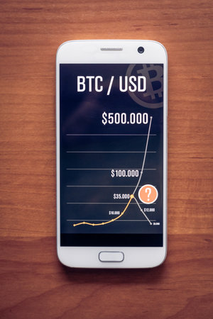 Bitcoin Cryptocurrency Financial Chart On Phoneの写真素材