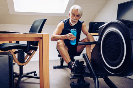 Senior Man Working Out in Home Officeの写真素材