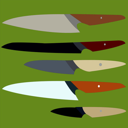 Vector illustration meat cutting knives set. Set of butcher meat knives for butcher shop and design butcher themes.のイラスト素材