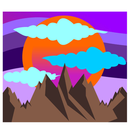 Mountain landscape with sun and clouds. Vector illustration in flat styleのイラスト素材