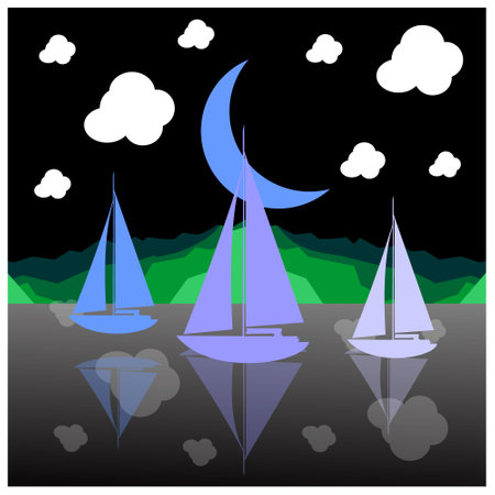 Sailing boats on the background of the night sky. Vector illustrationのイラスト素材