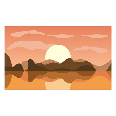 features a large orange sun setting over a calm lake with mountains in the backgroundのイラスト素材