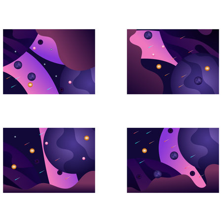 This abstract digital artwork features four distinct panels each showcasing a cosmic inspired theme...