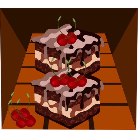 This cartoon-style image depicts two chocolate cakes sitting on a wooden surfaceのイラスト素材