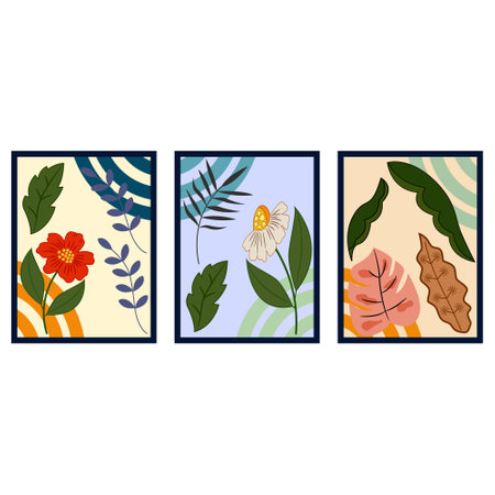 These three abstract floral prints are like a summer dream capturing the essence of nature with their bold colors and simple shapesのイラスト素材