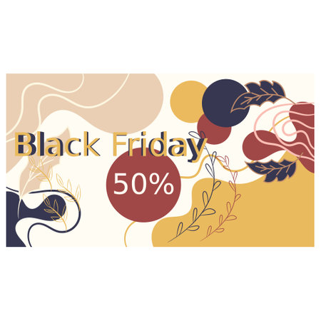 The image features a vibrant and artistic design with organic shapes and earthy colors The text Black Friday and 50% is prominently displayed in a bold gold fontのイラスト素材