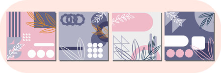 Presents a more structured design with circular and geometric shapes, interwoven with delicate leaf outlines. The muted grey and blue tones give this piece a calming and sophisticaのイラスト素材