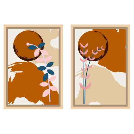 set of two abstract hand drawn illustrations with floral elements. Scandinavian style. Modern art.のイラスト素材