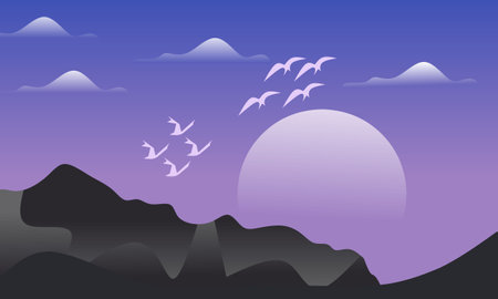 Mountain peak view landscape with sunrise soft light. Flat gradient vector illustration backgroundのイラスト素材