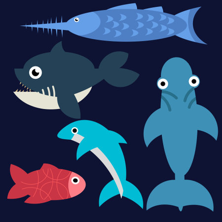 Ocean wildlife shark turtle octopus jellyfish crab dolphin whale fish and squid narwhal set vector illustrationのイラスト素材