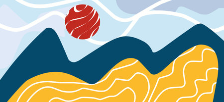 Abstract background with mountains, sun and waves. Vector illustration for your designのイラスト素材