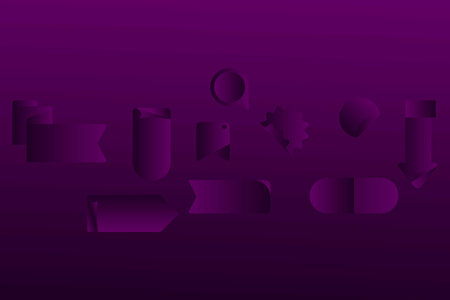 Vector label and tag shapes with elegant dark purple gradients. Includes ribbons, arrows, stickers, and badges perfect for banners, web UI, promo tags, or branding design.のイラスト素材