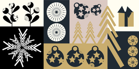 Stylish flat geometric Christmas vector set with ornaments, snowflakes, trees, and gifts. Elegant minimal design for cards, wrapping paper, decor, or festive branding.のイラスト素材