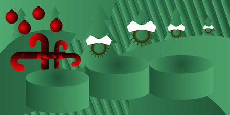 Unique Christmas forest scene with abstract trees, red ornaments, and candy canes in 3D style green tones. Great for creative holiday cards, posters, or festive backgrounds.のイラスト素材