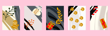set minimalist Christmas card designs featuring gifts, ornaments, mistletoe, candy cane, and...