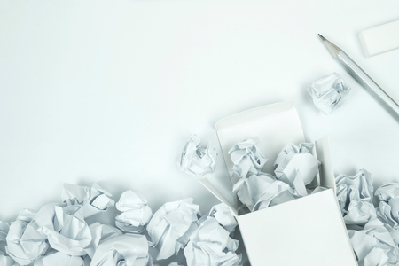 blank space, pencil, eraser and white box on white paper background for idea concept backgroundの写真素材