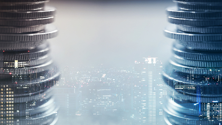 Double exposure of city and rows of coins for finance and banking conceptの写真素材