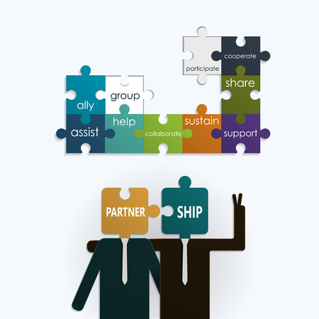 Businessman with partnership text on puzzle jigsaw.Cooperation conceptのイラスト素材