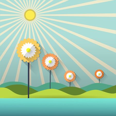 Paper spring tree. Flat design style on light blue background with space for designのイラスト素材