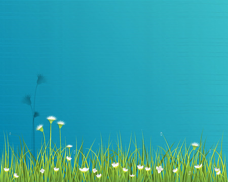 Vector illustration abstract paper green grass. Spring nature field with little white flowers meadow and water drops on green leafs, with light blue-green color paper texture background .Blank space for your designのイラスト素材