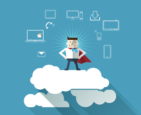 Cloud Computing concept background with Cartoon Superhero-businessmanのイラスト素材