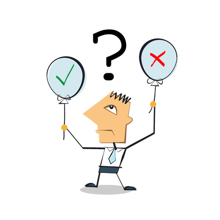 Vector illustration businessman Cartoon character holding balloons with Yes or No sign, making decision between right or wrong representのイラスト素材