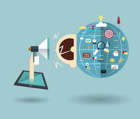Vector illustration-Tablet and hand of businessman with megaphone.Online Advertising- Social media -Mobile phones technology business conceptのイラスト素材