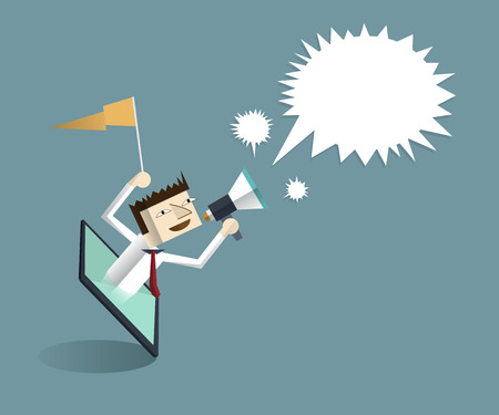 Vector illustration-Tablet and businessman with megaphone.Online Advertising- Social media conceptのイラスト素材