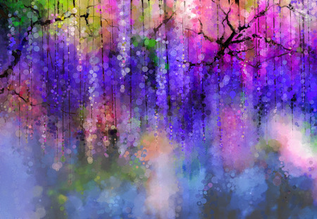 Abstract violet, red and yellow color flowers. Watercolor painting. Spring purple flowers Wisteria in blossom with bokeh background Abstract violet, red and yellow color flowers. Watercolor painting. Spring purple flowers Wisteria in blossom with bokeh background