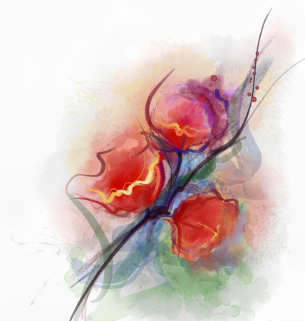 Abstract floral watercolor paintings.Red poppy flowers in soft color on grunge paper backgroundの写真素材