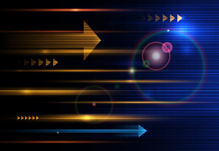 Abstract, science, futuristic, energy technology concept. Digital image of arrow sign, light rays, stripes lines with blue light, speed and motion blur over dark blue backgroundのイラスト素材