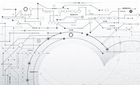 Vector Abstract futuristic, Stripe line printed circuit board pattern with gear wheel and arrow symbol on circuit board background.  High computer engineering -  Communication and Speed technology concept. Light gray color background with blank space for のイラスト素材