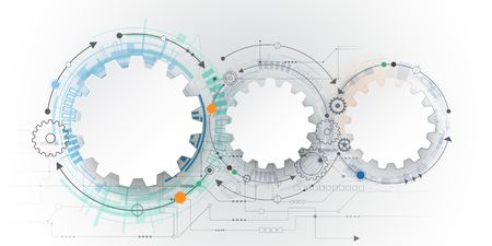 futuristic technology, 3d white paper gear wheel on circuit board. Illustration hi-tech, engineering, digital telecom concept. With space for content, web- template, business tech presentationのイラスト素材