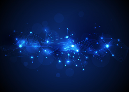 Illustration Abstract Molecules and Mesh Lines, design connection, communication technology on blue cyberspace background. Futuristic- digital technology conceptのイラスト素材