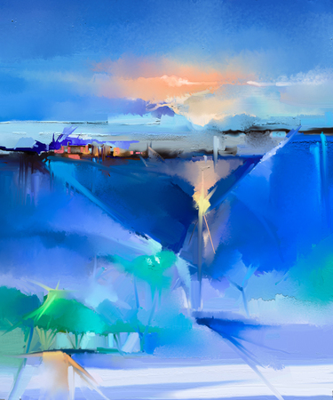 Abstract colorful oil painting landscape on canvas. Semi- abstract image of tree, hill and green, blue field with sunlight and blue sky. Spring season nature background Abstract colorful oil painting landscape on canvas. Semi- abstract image of tree, hill and green, blue field with sunlight and blue sky. Spring season nature background
