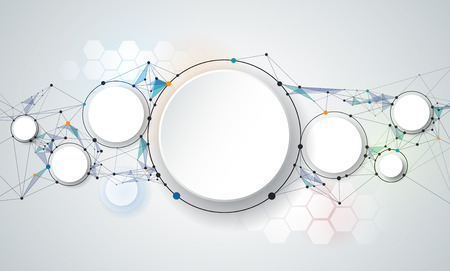 Abstract molecules and 3d paper circles with Blank space for your content, template, communication, business, network and web design. illustration global social media technology conceptのイラスト素材