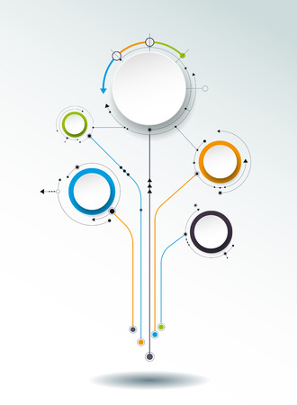 abstract molecules, 3D paper label, integrated circles. Blank space for content, business, infographic template, diagram, network, web design. Light gray background. Connection technologyのイラスト素材