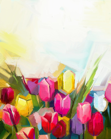 Oil painting tulip flower field . Hand painted white, yellow, red flowers in soft color with light yellow background. Abstract floral paintings in the meadows. Spring flower seasonal nature background.の写真素材