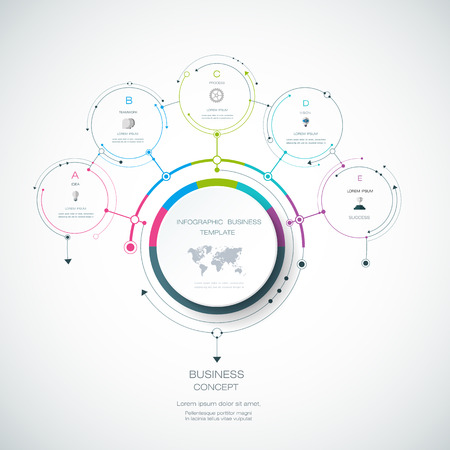 Vector Infographic 3D circle label design template with arrows sign and 5 options or steps. Infographics for business presentations or information banner, process diagram, flow chart, graph, schemeのイラスト素材