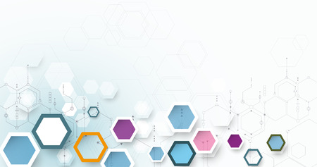 Illustration science innovation concept. Circuit board and hexagons or polygon background. Hi tech digital technology. Abstract futuristic, hexagon shape on light gray color backgroundのイラスト素材