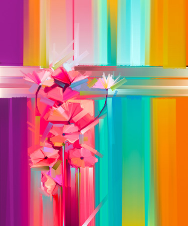 Abstract oil painting spring flower. Still life of yellow, pink, red gerbera bouquet. Colorful flowers painting with yellow, green background. Hand Painted floral Impressionist paintings style.の写真素材