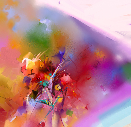 Abstract colorful oil painting on canvas. Semi- abstract image of flowers, in yellow and red with blue color. Hand drawn brush stroke, oil color paintings. Modern art oil paintings for background.の写真素材