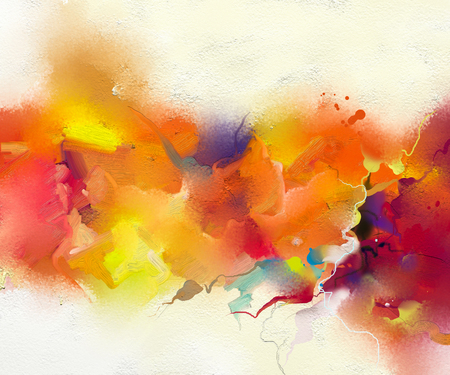 Abstract colorful oil painting on canvas texture. Hand drawn brush stroke, oil color paintings background. Modern art oil paintings with yellow, red color. Abstract contemporary art for background.の写真素材