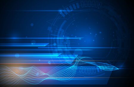Vector Abstract, science, futuristic, energy technology concept. Digital image of light rays, stripes lines with blue light, speed and motion blur over dark blue backgroundのイラスト素材
