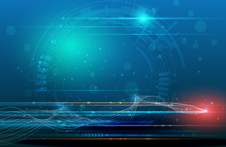 Vector Abstract, science, futuristic, energy technology concept. Digital image of light rays, stripes lines with blue light, speed and motion blur over dark blue backgroundのイラスト素材