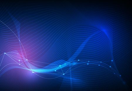 Illustration Abstract Molecules and 3D Mesh with light effect, wave lines, wavy pattern. Vector design communication technology on blue background. Futuristic- digital technology conceptのイラスト素材