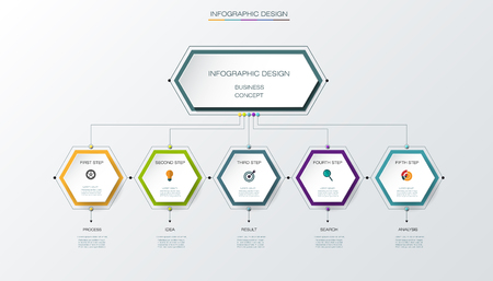 Vector infographics timeline design template with label design and icons, 5 options or steps. Can be used for content, business, process infographics, diagram chart, digital network, flowchart, process diagram, time lineのイラスト素材
