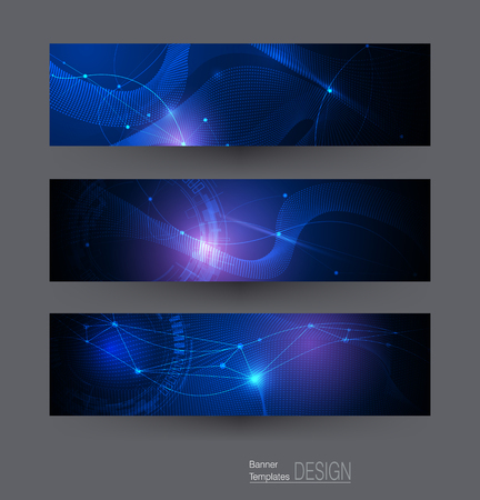 Illustration Abstract Molecules and 3D Mesh with Eye ball circles, Lines, wavy pattern over dark blue color background. Science, futuristic, energy technology concept. Vector background for web banner template or brochureのイラスト素材