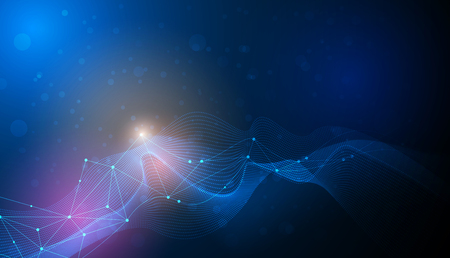 Illustration Abstract Molecules and 3D Mesh with light effect, wave lines, wavy pattern. Vector design communication technology on blue background. Futuristic- digital technology conceptのイラスト素材